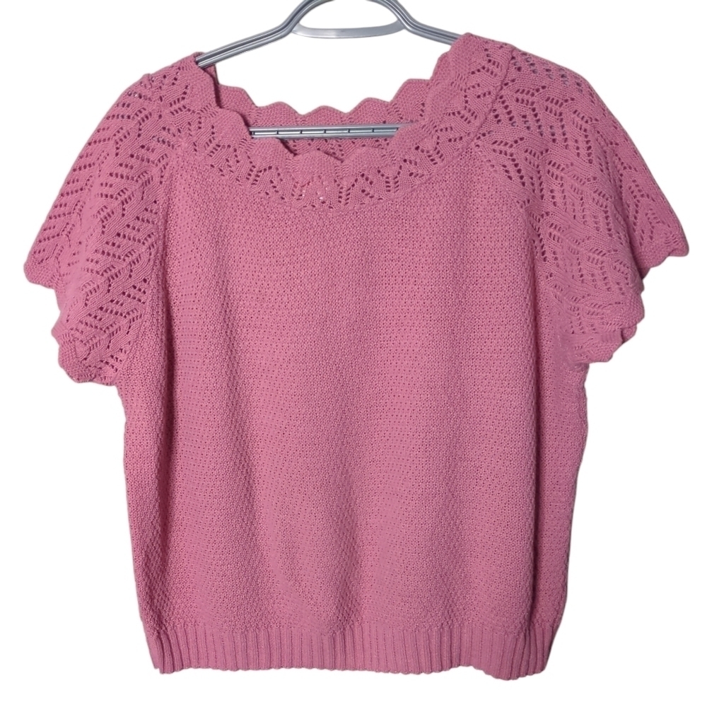 Vintage Haband size Large Women’s Dusty Pink Short Sleeve Crochet Knit Sweater